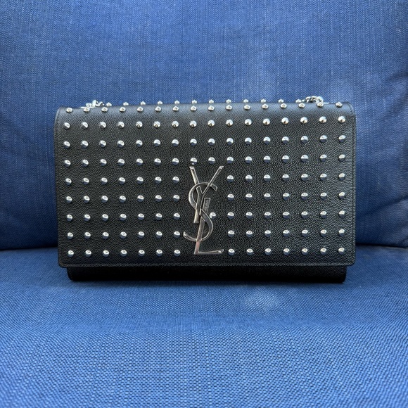 Saint Laurent Grain De Poudre Studded Medium Monogram Kate Satchel - Picture 1 of 17